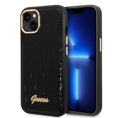 Guess PU Croco Case with Metal Camera Outline, Latest Design iPhone 14 Plus Compatibility - Black