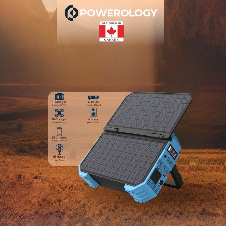Powerology 600W 192000mAh Portable Generator Integrated Solar Panel, PD 65W, Solar Panel 30W, 18W QC 3.0 - Blue