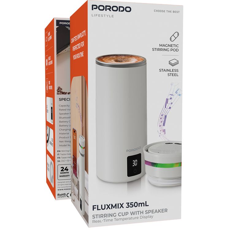Porodo Fluxmix 350mL Stirring Cup with Speaker, LED Temperature Display, 200 Cycles Blender Battery Life, 2 Hours Speaker Battery Life, 5W Speaker Power, Bluetooth Version 5.3, 155mAh Blender Battery Capacity, 600mAh Speaker Battery Capacity, Touch Control, 304 Stainless Steel Material - White