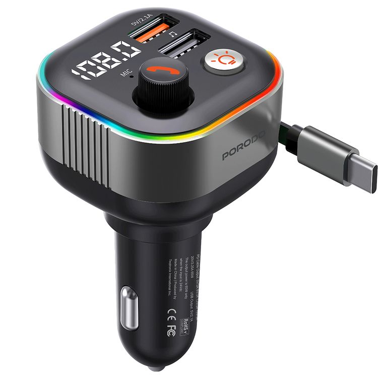 Porodo Audio Boost Bluetooth FM Transmitter Quick-Charge Car Charger with 65W PD, USB-A & USB-C Outputs, USB Flash, 80cm Retractable Type-C Cable, 87.5-107.8 FM Frequency, LED Ambient Lighting, Universal Compatibility - Dark Gray