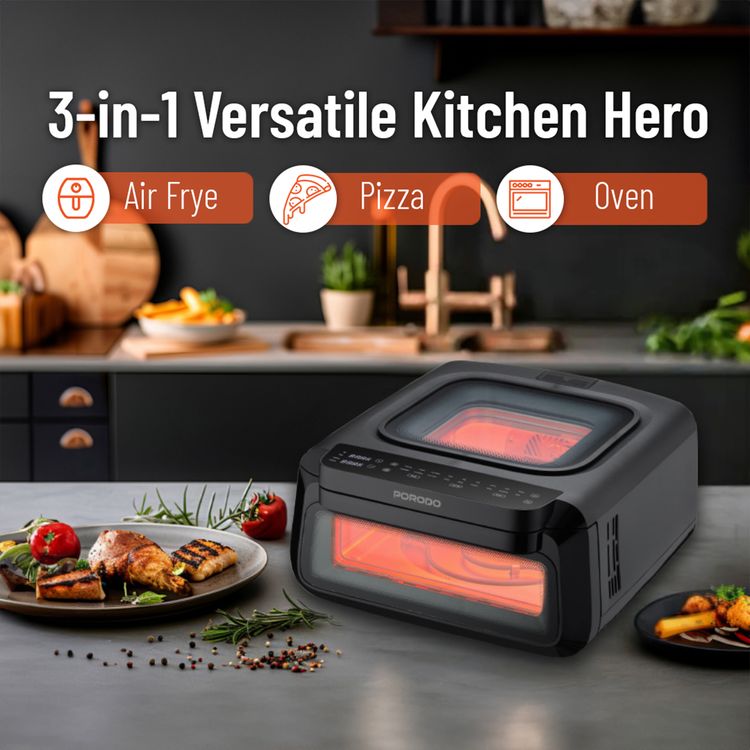 Porodo 3-in-1 Crisp Cook with Air Fryer, Pizza Mode, Oven Function, 13L Capacity, 18 Preset Cooking Modes, Intuitive Digital Control - Black