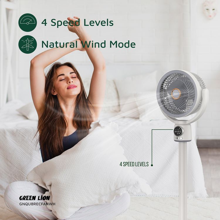 Green Lion Quad Flex Fan with Precision 4-Height Lock, Digital Display, Removable Windshield, Lightweight Design, Natural Wind Mode, Remote Control, LED Night Light, 4-8 Hours Working Time - White 