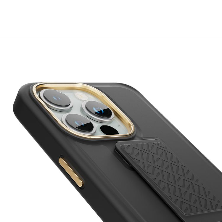 Levelo Morphix Cuero Gripstand Case for iPhone 15 Pro, Multi-Positioning Modes, PU Leather Material, Shock-Proof Edges - Black