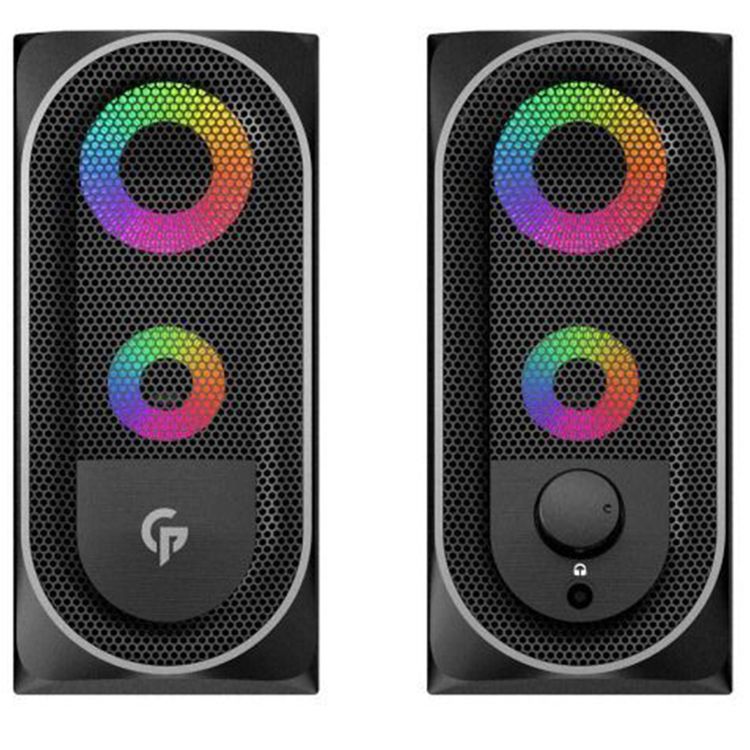 Porodo Gaming Stereo Speakers with RGB Light Effects, USB-A & 3.5mm Plugs, Volume Control Knob, 10W RMS Output, 1.2m Cable Length, Lightning Touch Sensor - Black