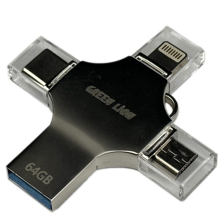 Green Lion 4-in-1 USB Flash Drive 64GB with High Speed Data Transfer, USB-A, USB-C, Micro USB & Lightning Connectors - Silver
