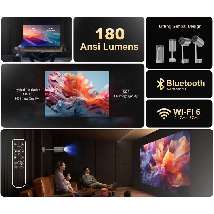 Porodo Lumino Smart FHD Projector with Adjustable Telescopic Stand, 100" Ultra Wide Screen, Android 13, Remote Controller, 2.69" LCD Panel Size, ×1 HD Multimedia & ×1 USB-A & ×1 Audio Inerface, 30"-100" Projection Size, 1-3m Projection Distance, Cinematic Screen Viewing - Gray