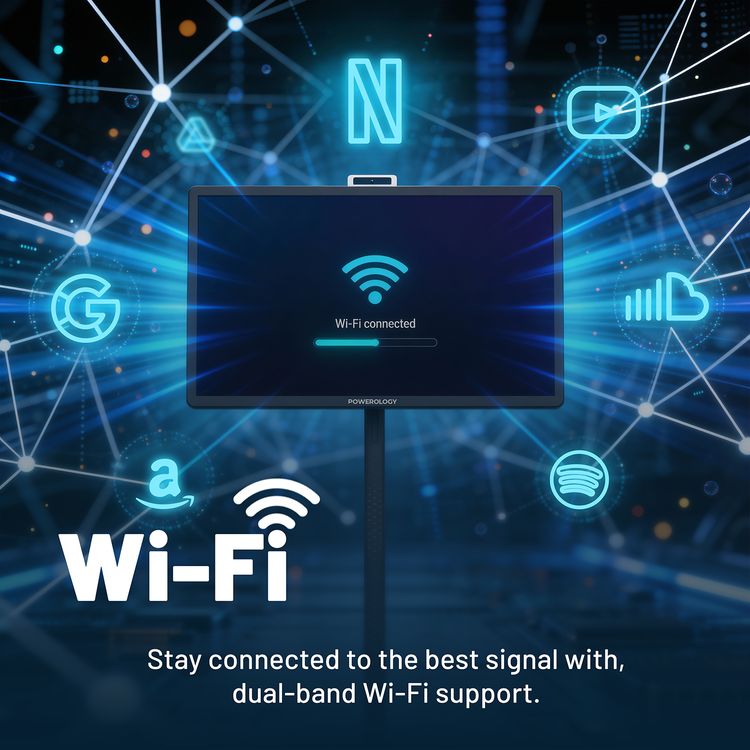 Powerology BANF 32" Portable Smart Monitor with Horizontal & Vertical Angles, 5MP Camera, Android 15 Operating System, Remote Control Included, Tilt Adjustment, 38400mAh Battery Capacity, 89° Viewing Angles, Touch Control, Cast Mirror, 6G/8G RAM, 128G ROM - Gray