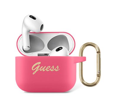 CG MOBILE Guess Silicone Printed Script Case with Anti-Lost Ring Compatible for AirPods 3, Scratch & Drop Resistant, Shock Absorption & Dustproof Protection - Pink