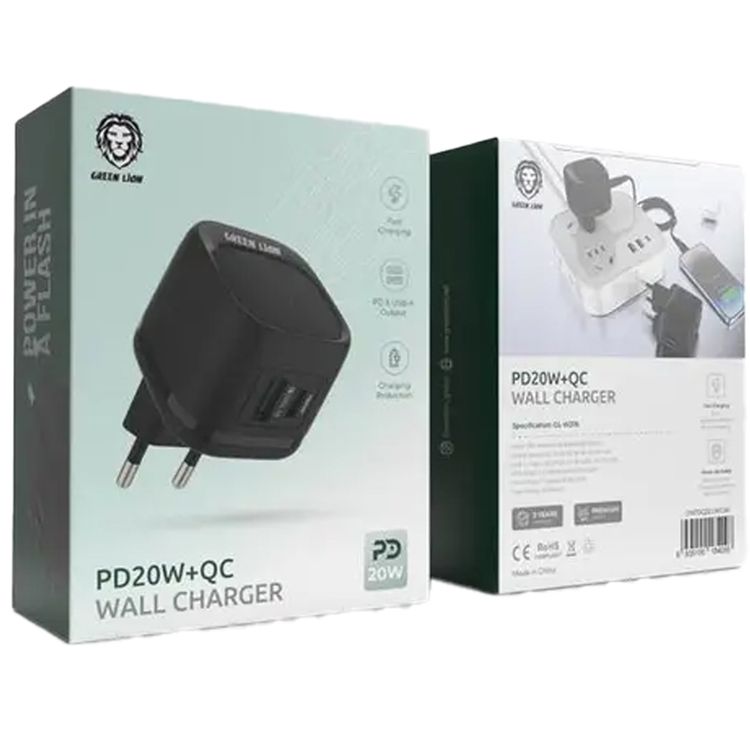 Green Lion PD 20W EU Wall Charger with Charging Protection, 5V/3A (15W) USB-A & USB-C Output Shared Output, Fast Charging - Black