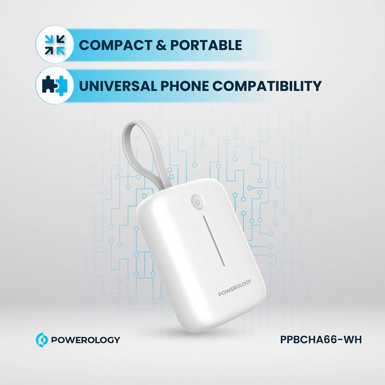 Powerology 10000mAh Power Bank with Detachable USB-C Wire, 20W Power Delivery, 3-Device Charging, Long Time Standby, Universal Phone Compatibility, Built-in Safeguards - White