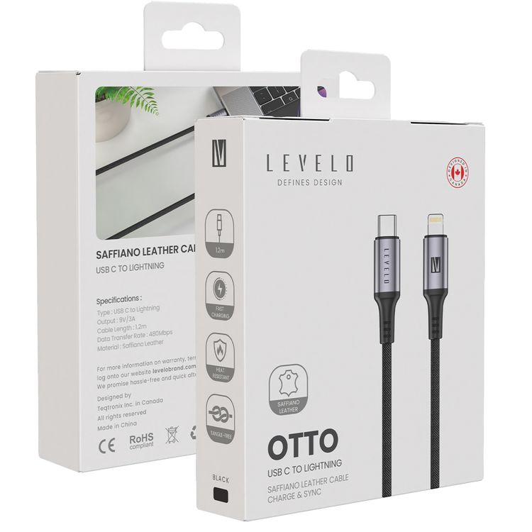Levelo Otto USB-C to Lightning 30W Leather Cable, Tangle-Free, Fast Charging, Heat Resistant, 1.2m Cable Length - Black 