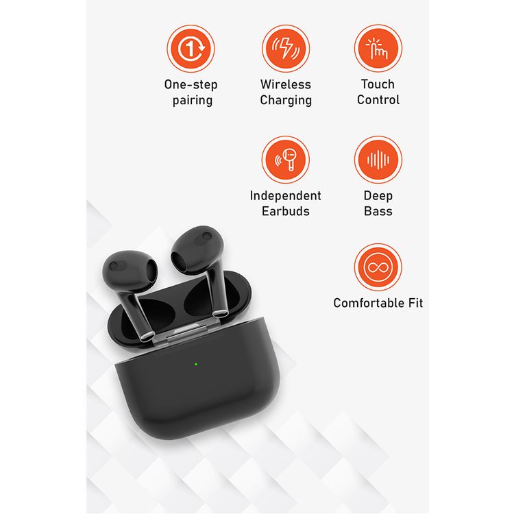 Porodo Blue Deep Bass Wireless Earbuds 3, 20 Hours Working Time, Type-C Charging Port, Environmental Noise Cancellation, Independent Earbuds, Touch Control - Black
