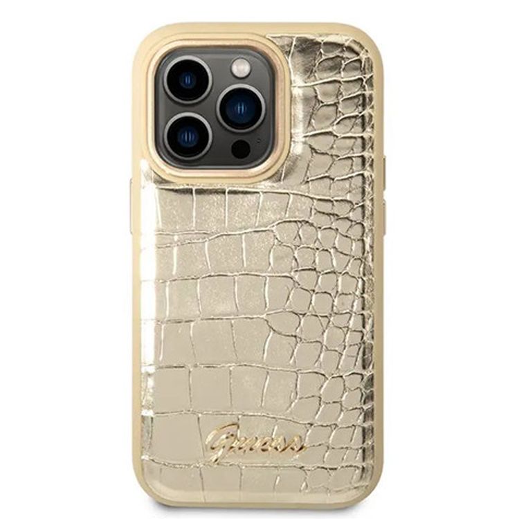 Guess PU Croco Hard Case with Script Logo for iPhone 16 Pro, Lightweight, High-Quality Material, Easy Snap-on - Gold