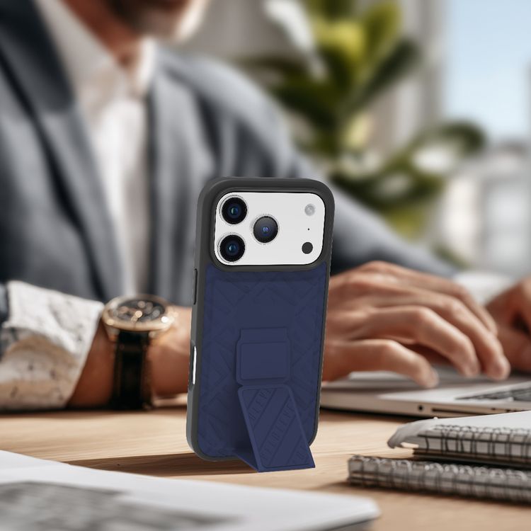 Levelo Morphix Cuero GripStand Case for iPhone 17 Pro, Raised Bezels for Camera & Screen, Shock-Resistant Bumper, Secure Hold, Horizontal & Vertical Viewing - Midnight Blue