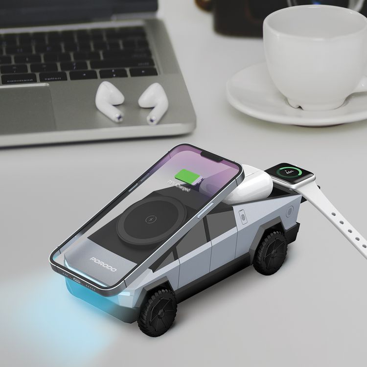Porodo Cyber Dock 3-in-1 Wireless Charger with 15W Wireless Charging, 5W Earbuds Output, 2.5W Watch Output, 3-6mm Charging Distance, USB-C Charging Interface, 90°Motorized Rotation Stand - Gray