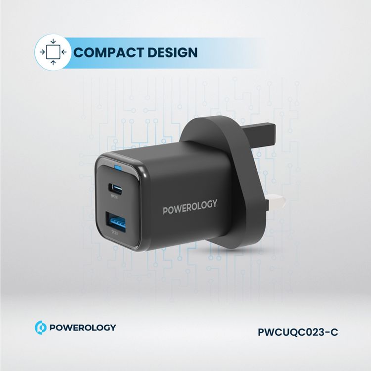 Powerology Dual Port Super Compact Quick Charger with USB-C To USB-C Braided Cable, 33W PPS Protocol, 35W USB-C Output, 18W USB-A Output - Black 