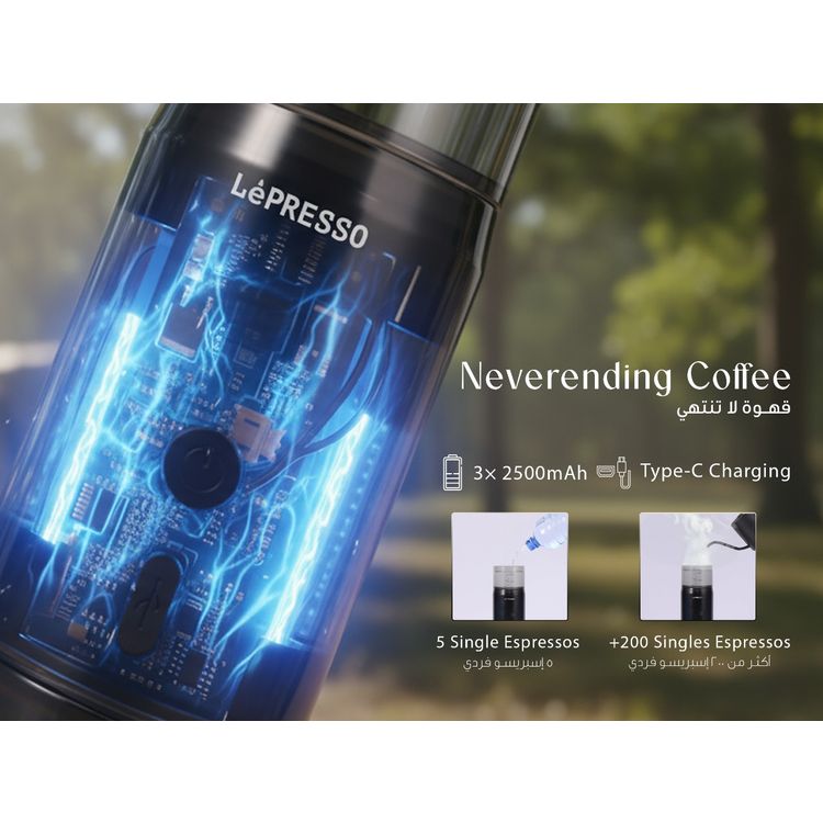 ماكينة صنع الإسبريسو المحمولة الصغيرة من LePresso، سعة خزان المياه 80 مل، منفذ شحن من النوع C، مصنوعة من الفولاذ المقاوم للصدأ بدرجة الغذاء - أسود