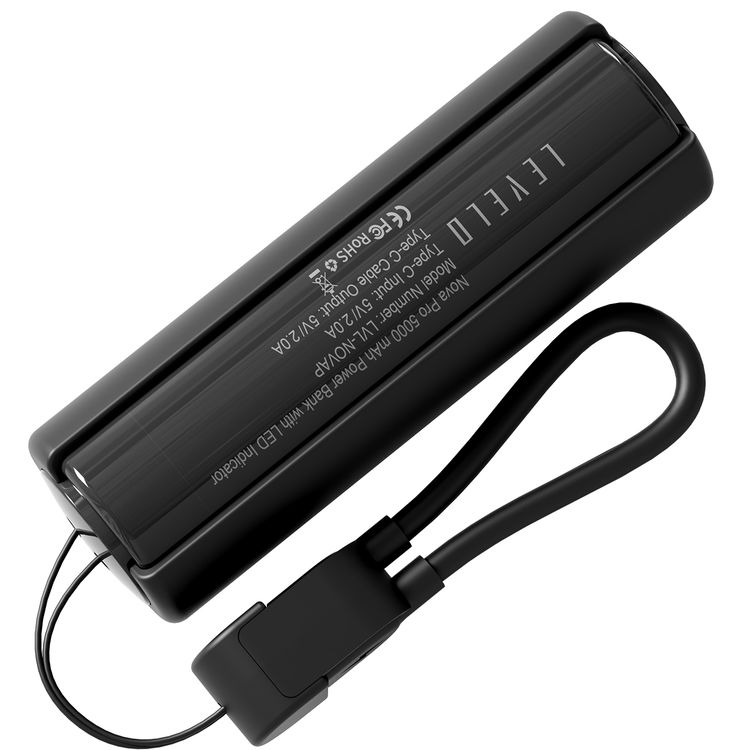 Levelo Nova Pro Power Bank with Flashlight, ABS+PC Material, 5000mAh (18.5Wh) Battery Capacity - Black