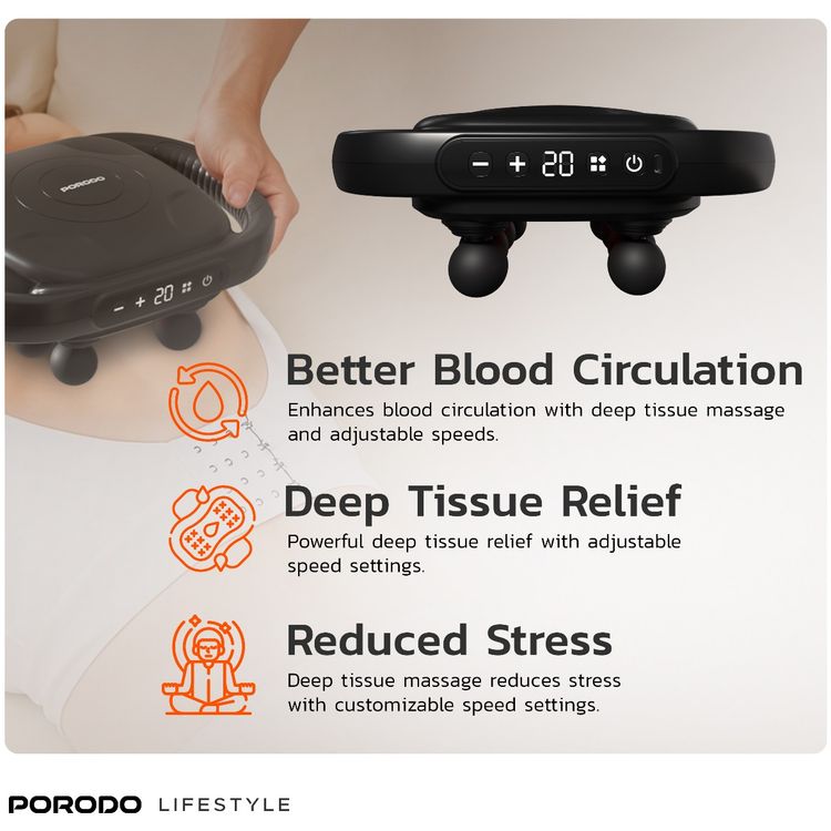 Porodo Lifestyle Power Pulse 8-Head Massage Gun with Red Light Therapy, 9 Speed Levels, 2 Hours Working Time, 3200 RPM Motor Speed, 25W Rated Power, 1500mAh Battery Capacity, USB-C Charging Port, Timed Massage Sessions, Deep Muscle Relief - Black