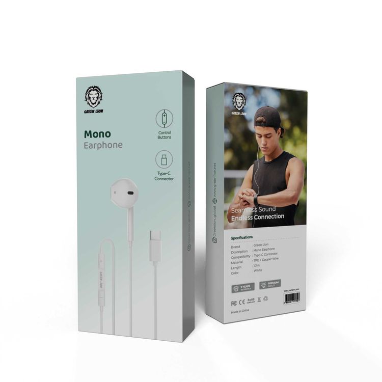 Green Lion Wired Earphone with Single Earbud Type-C with Digit Audio, 1.2m, Control Buttons, TPE & Copper Wire - White