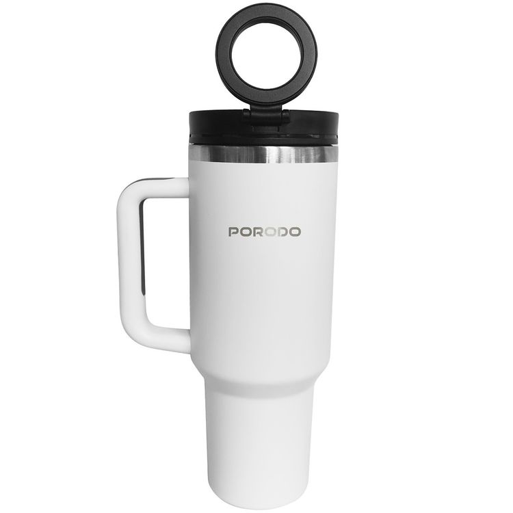 Porodo Lifestyle Magnetic-Mount Insulated Tumbler with 1.2L Capacity, MagSafe Compatibility, Stainless Steel Material, 90° Tilt Angle, Effortless Multitasking, 360° Rotation - White