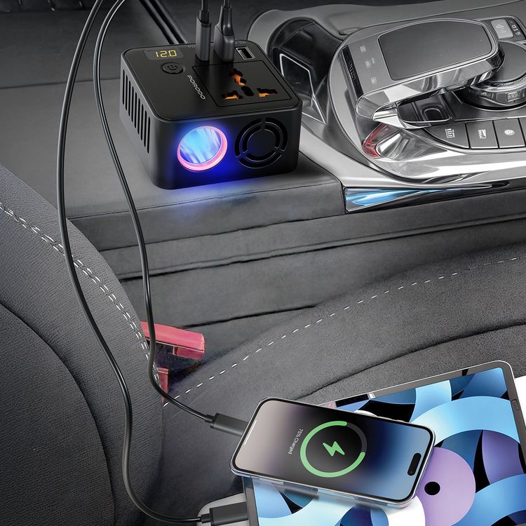 Porodo Universal AC Power Inverter with Built-in Smart Cooling Fan, 200W AC Output, 30W Power Delivery, Low-Voltage Protection, Overload & Overvoltage Protection - Black