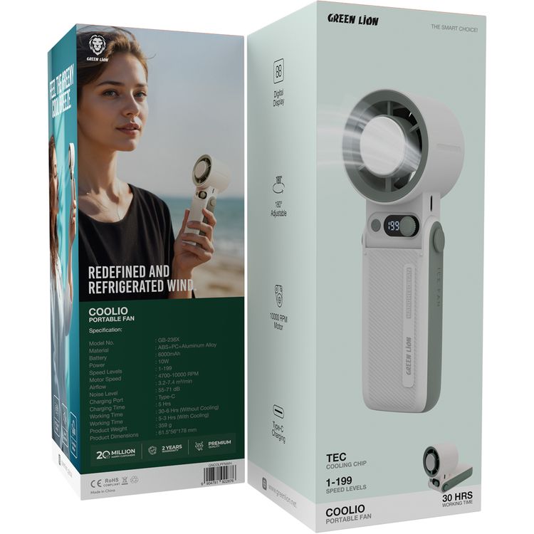 Green Lion Coolio Portable Fan with 1-199 Speed Levels, 6000mAh Battery Capacity, 5 Hours Charging Time, Type-C Charging Port, ABS + PC & Aluminum Alloy Material, 30 Hours Working Time, Silent Operation - White