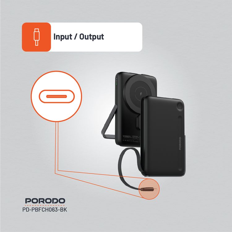 Porodo 10000mAh Power Bank with Built-in Type-C Cable & Stand, Strong Magnetic Hold, 20W Power Delivery, Fast Charging Support, 15W Wireless Output - Black