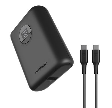 Powerology 10000mAh Power Bank with PD 20W Fast Charging, Ultra Compact Design, Dual Output, USB-C to USB-C 1m Cable - Black