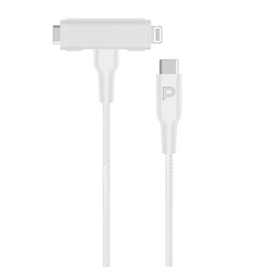 Powerology 1.2m/4ft Braided Cable USB-C to USB-C and Lightning, PD 60W, Compatible with iPhone and iPad, More Than 30000 Bends Lifespan - White