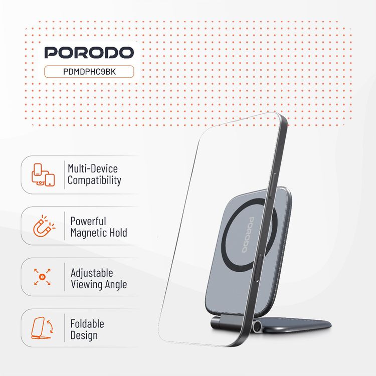Porodo Magnifold Ultra-Slim Phone Holder for Multiple Device Compatibility, N52 Magnet Type, 350g Load Weight, Powerful Magnetic Hold - Black