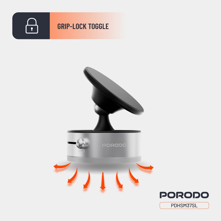 Porodo Multi-Surface MagSafe Phone Holder with Grip-Lock Toggle, ABS & PC & Aluminum Alloy Material, N52 Magnet Type , 1.5kg Adsorption Capacity, Adjustable Viewing Angle - Silver