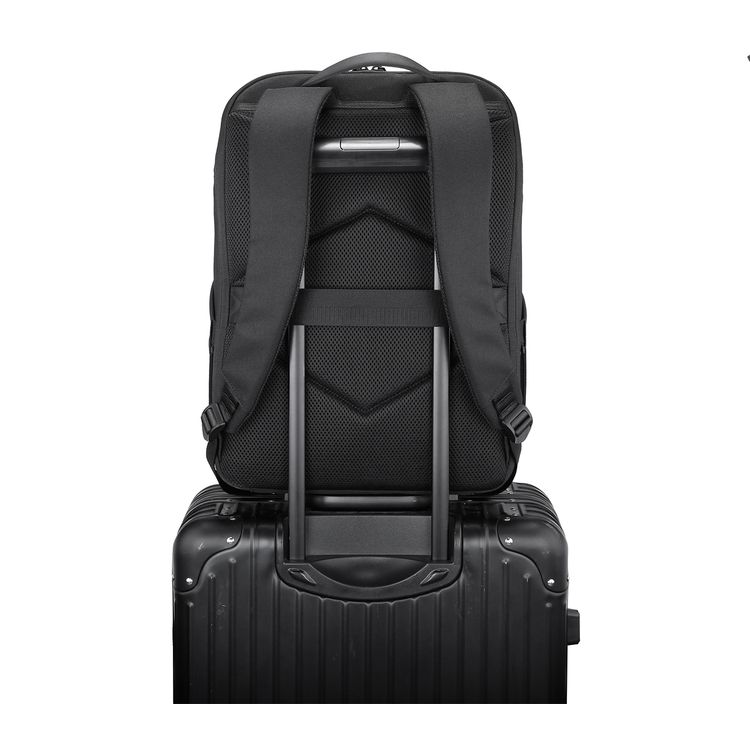 Porodo Lifestyle Water-Resistant PU Backpack with Trolley Sleeve Design, Space-Saving Compression, Dual Padded Laptop Slots, Type-C Charging Port - Black 