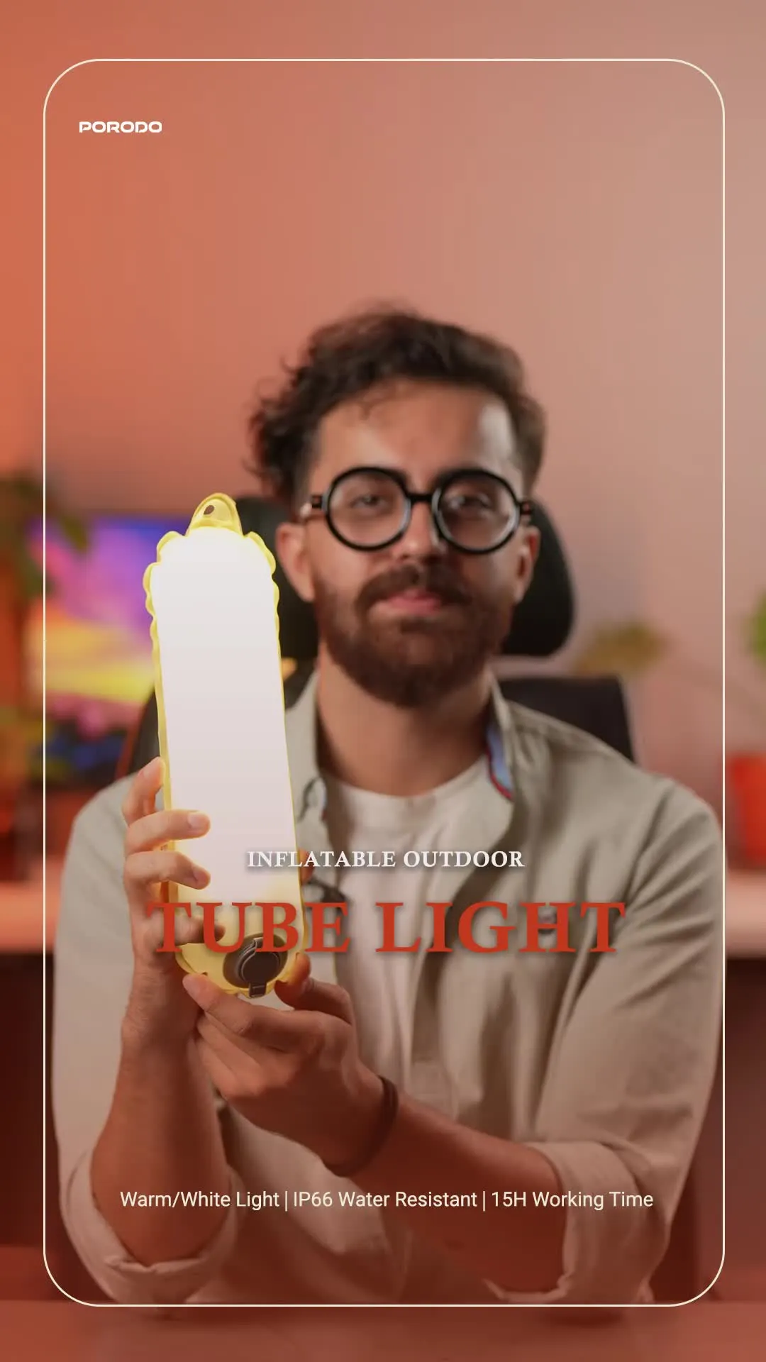 Porodo Inflatable Outdoor Magnetic Tube Light with Warm & White Light, Up to 15 Hours Working Time, Magnetic Attachment, Up to 150 Lumens Brightness, 2000mAh Battery Capacity, Type-C Charging Port, TPU Material - White