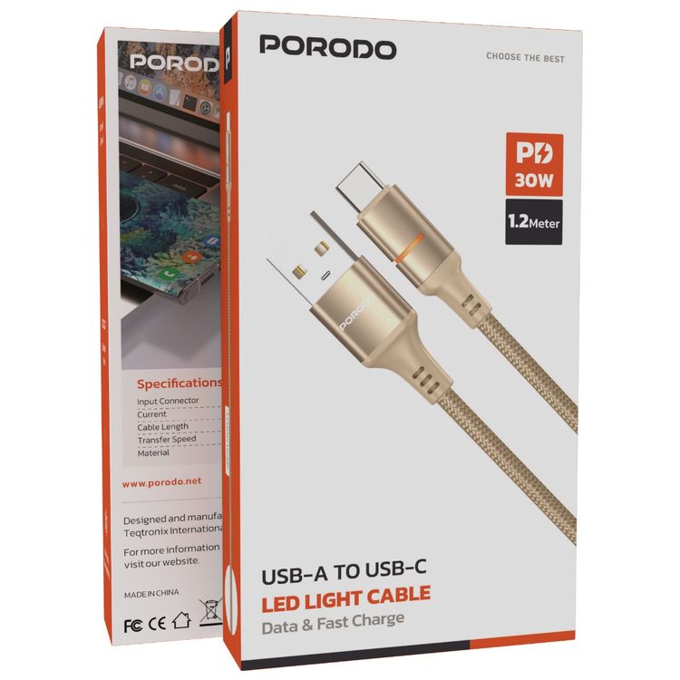 Porodo USB-A to USB-C LED Light Cable with 2.4A Current, 480Mbps Transfer Speed, 1.2m Cable Length, Fast Charging & Data Transfer, Braided Wire - Gold