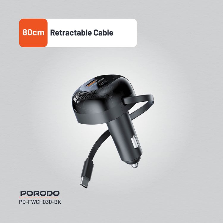 Porodo Dual Port Car Charger with 80cm Retractable Type-C Cable, Simultaneous Charging, Universal Compatibility, 47W Total Output Power - Black