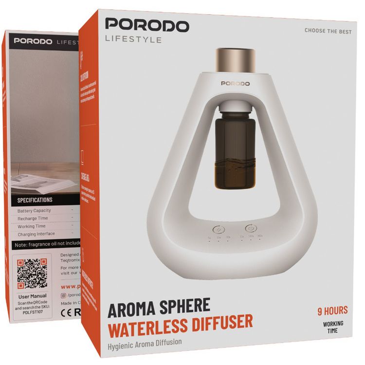 Porodo Lifestyle Aroma Sphere Waterless Diffuser, 10-50 m2 Coverage, 1200mAh Battery,  Up to 7 Days Working Time, Cold Diffusion, 3 Mist Modes - White