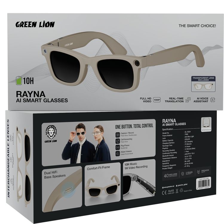 Green Lion Rayna AI Smart Glasses with ChatGPT-Powered Translation, Noise-Reduction Microphone, AI Voice Assistant, Transparent Lens, Blue Light Filter, 10 Hours Playtime, 1080 pixels Full HD Stabilized Video, Lightweight & Comfortable Frame - Beige
