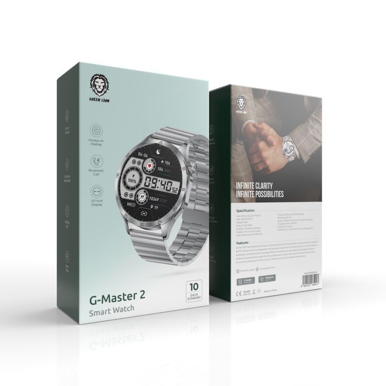 Green Lion G-Master 2 Smart Watch, Wireless Charging, Multiple NFC, Always on Display, Vibration Support, Up to 2.5 Hours Working Time, Bluetooth 5.0 - Silver