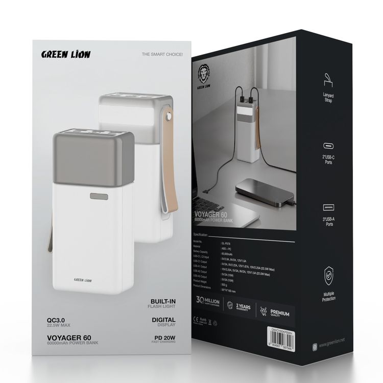 Green Lion Voyager 60 Power Bank 60000mAh PD 20W with Digital Display, Lanyard Strap, Multiple Protection, Built-in Flash Light, PD 20W Fast Charging, Multiple Protection - White