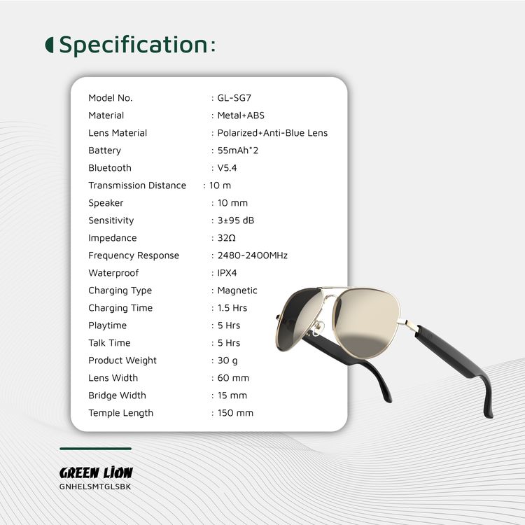 Green Lion Helsinki Smart Glasses with Touch Control, UV400 Protection, Built-in Microphone, Remote Camera & Voice Assistant, Polarized Anti-Blue Lenses, Up to 5 Hours Play Time, 1.5-Hour Magnetic Charging Time, 10m Transmission Distance - Black