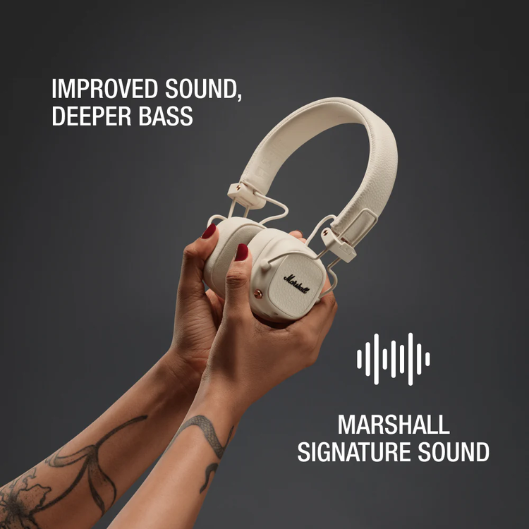 سماعات رأس لاسلكية مارشال ميجور في بتصميم متين وقابل للطي، شحن لاسلكي، مدة شحن تصل إلى 3 ساعات، زر M قابل للتخصيص، بلوتوث الإصدار 5.3، مدة تشغيل تصل إلى 100 ساعة - كريمي
