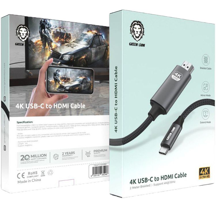 Green Lion 4K USB-C to HDMI Cable with 4K@30Hz Resolution Support, Braided Design, 2m in Length, Mirror Mode & Extend Mode - Black