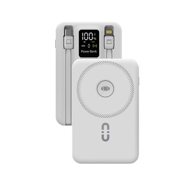 بورودو بنك طاقة لاسلكي مغناطيسي 10000 مللي أمبير/ساعة مع حامل كابل مدمج USB-C + Lightning، شحن متزامن، شاشة رقمية، PD 22.5 واط - أبيض