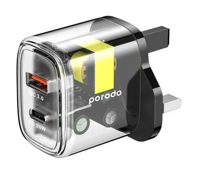 Porodo مخرج مزدوج شفاف شاحن سريع USB-C PD وUSB-A QC مع كا...