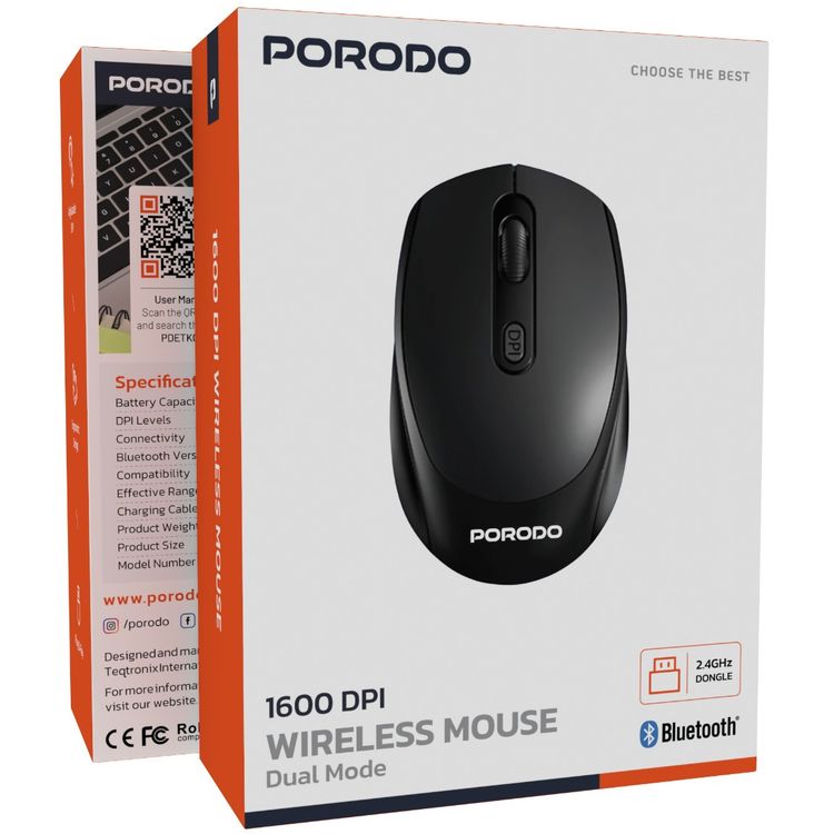 Porodo Dual Mode Wireless Mouse with Adjustable DPI Up to 1600, 7m to 10m Effective Range, 300mAh Battery Capacity, Bluetooth V5.4, Ergonomic Design, Plug & Play - Black