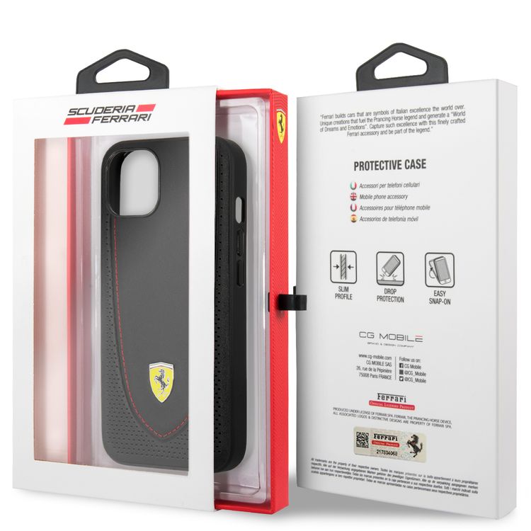 CG MOBILE Ferrari Genuine Leather Hard Case with Curved Line Stitched & Perforated Leather Compatible for iPhone 13 (6.1") Shock & Scratches Resistant