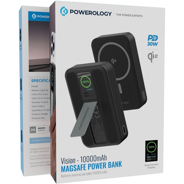 Powerology Vision 10000mAh MagSafe Power Bank with PD 30W, Qi2 Technology, Dual USB-C Ports, Strong Magnetic Holder, Built-in Kickstand, Smart Screen Display - Black