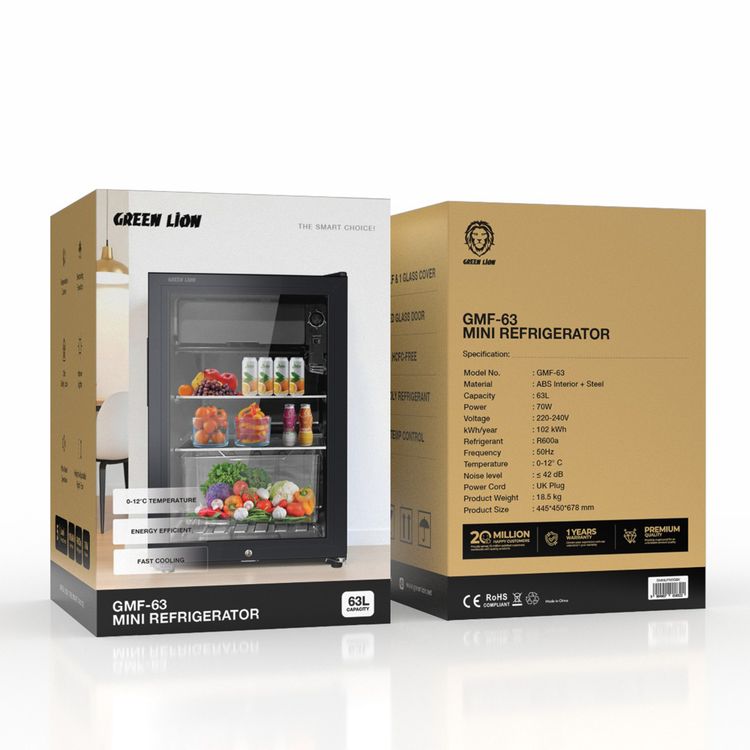 Green Lion GMF-63 Mini Refrigerator with 63L Capacity, 70W Power, 5 Temperature Levels, Interior Lights, Defrosting Function, Child Safety Lock, ABS Interior & Steel Material, Ultra-Quiet Operation - Black