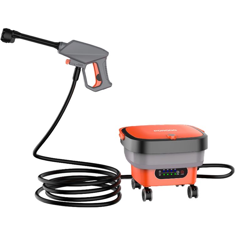 Porodo Aquaspray Multifunctional Pressure Washer with Foam Dispenser, 3m Water Pipe Length, 260W Rated Power, 15L Water Reservoir Capacity, 3000mAh Battery, Easy Transport Wheels, Foldable & Portable Design - Orange